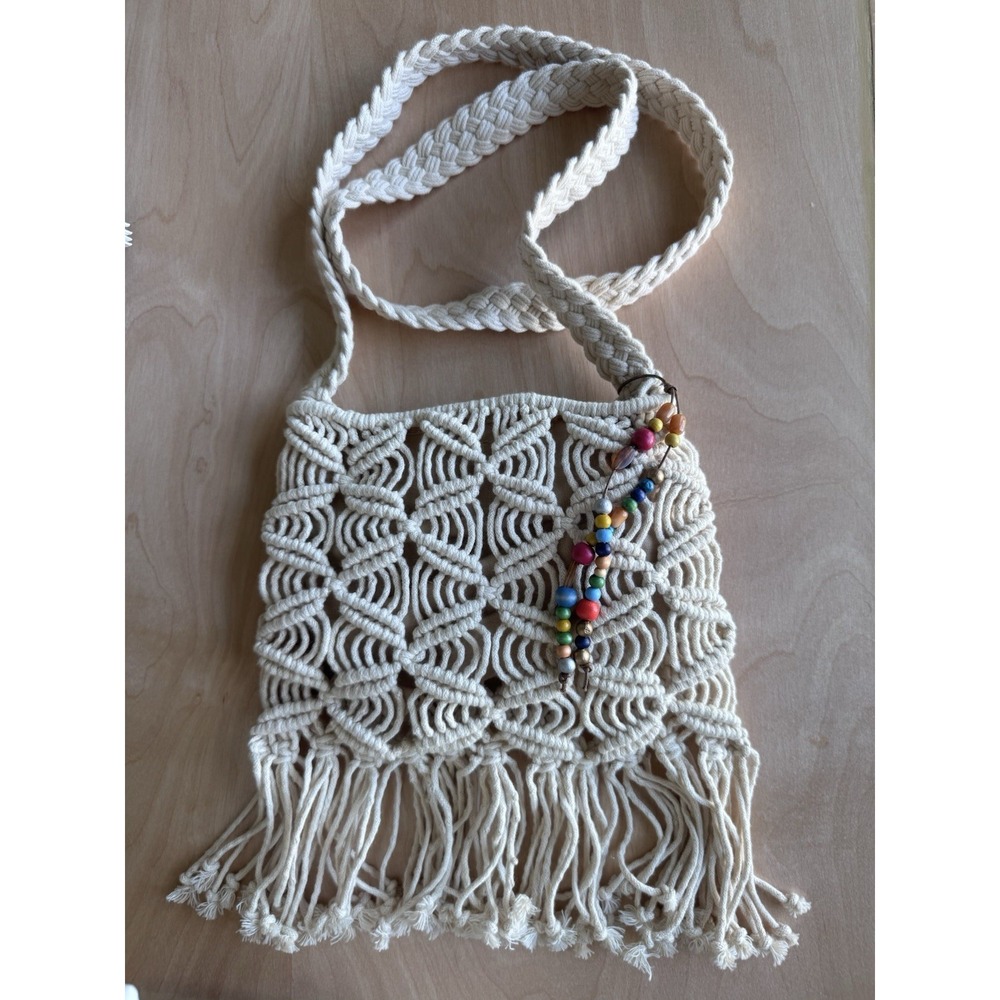 Lucky Brand Macrame Crossbody Bag Ivory Fringe Beaded Boho Festival Purse